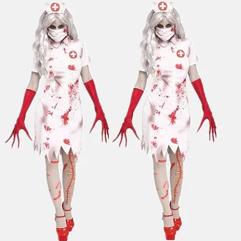 Дамски костюми за Хелоуин, кървава униформи на медицински сестри, рокли за партита за cosplay с виртуален скелет на вампир, готическия зомбита, дяволски ужас, ужасно облекло
