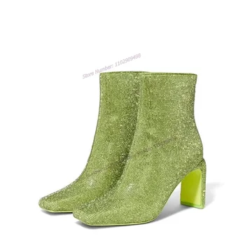 Зелени лъскави ботильоны, однотонная дамски обувки с квадратни пръсти, модни обувки на висок ток в необичаен стил, 2023, Zapatos Para Mujere
