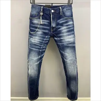 Модерен мъжки ежедневни джинси с дупки, боядисани със спрей, модни панталони от деним за хай стрийт A602