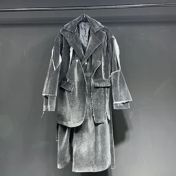 Висококачествено износени нишевое дизайнерско мъжко дълго палто тренч уличен вельветовый 2024 Нова индивидуалност мъжки стилни, елегантни якета