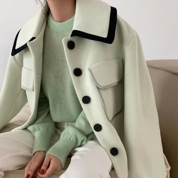 Есенно-зимния зелено кратко вълна палто, женски мозайка однобортное вълна палто, женски обикновен цвят