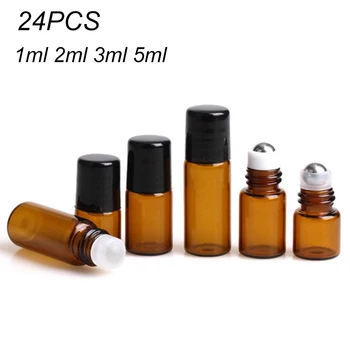 24 бр., 1 мл, 2 мл, 3 мл, 5 мл, амбър стъклен хвърляне на бутилки, мини-модел на тест, за многократна употреба флакон за парфюми, парфюмни етерични масла с валяк