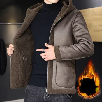 Ново модно мъжко палто от изкуствена кожа, зимни дебела топла горна дреха, яке с качулка с голям кожа яка с ревери, мъжки пухкави палта 2022 Q194