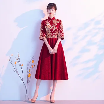 Бродерия Китайското булчинската рокля на булката Рокля голям размер от сатен с цветен модел Ципао женствена рокля с шал яка подпора