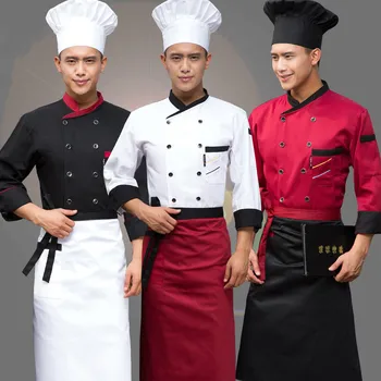 Ново записване, есенна униформи готвач на хотела с дълги ръкави, яке готвач, двубортная дрехи на готвач, мъжки и дамски дрехи за обществено хранене