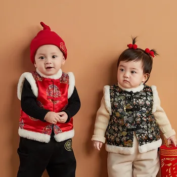 2023 НОВА китайската традиционна коледна дрехи, жилетка за малки момчета, костюм Hanfu Tang, палта без ръкави, Коледна зима